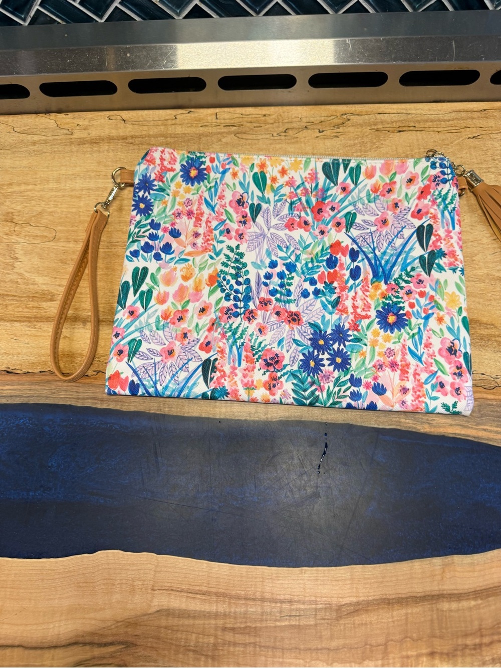 Floral Canvas Wristlet Clutch in Multicolor with Tan Strap